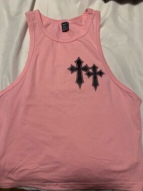 SHEIN Pink Crop Tank with Black Cross Motif